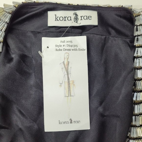 Kora Rae Robe Dress Womens S Embroidered Beaded Zip Front Long Sleeve Black Lame - Picture 7 of 12